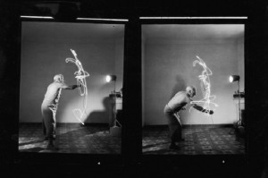 A pair of images show Spanish artist (and a founder of Cubism) Pablo Picasso (1881 - 1973) as he uses a light pen to creates an illuminated 'drawings' in a darkened room, Vallauris, France, 1949. The image was taken using stroboscopic photography.. (Photo by Gjon Mili/Time & Life Pictures/Getty Images)